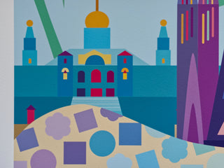 Plaza Espana illustrated in blue geometric shapes in detail from Barcelona Art Print.