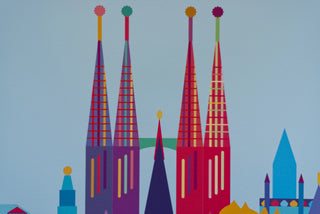 Sagrada Familia illustrated in a colourful, geometric style in Iconic Barcelona art print.