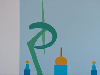 Detail from Iconic Barcelona art print with Telefonico Tower in green.
