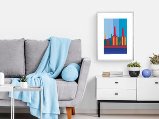 Living room in pale grey and white with framed print of Battersea Power Station by South Island Art.