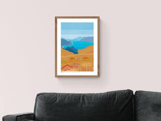 Bespoke art print of New Zealand lake and mountains, illustrated in bright blues and oranges. 
