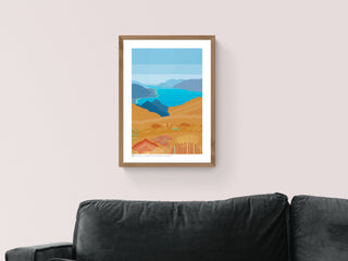 Bespoke art print of New Zealand lake and mountains, illustrated in bright blues and oranges.