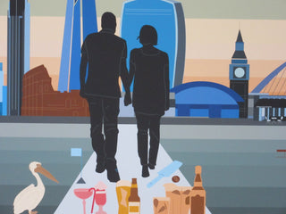 Detail from Story of Us with silhouettes, a pelican and drinks on a path leading to different world landmarks.