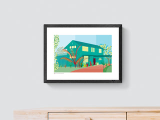 Bespoke illustration of a Singapore home hanging above a wooden table.