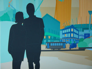 Illustrated silhouette of a couple in front of mountains, buildings and a tram and tuk tuk.