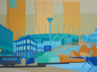 Mid-section detail from bespoke couple print with Sydney Harbour Bridge, sports stadium and Marina Bay Sands.