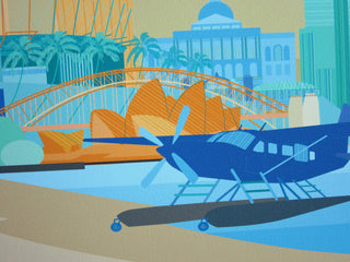 Bespoke couple's art print detail with a seaplane, palm trees and global landmarks.