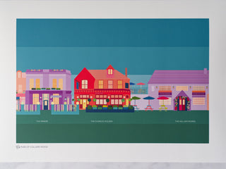 Bespoke illustrated print of three pubs in Colliers Wood in greens, oranges and purples.