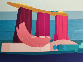 Different shades of pink used across the Marina Bay, Singapore illustration.