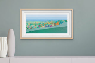 Reigate Hill bespoke art print in a natural wooden frame on a pale muted green wall.