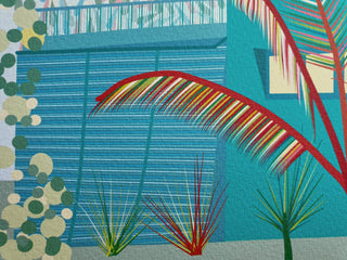 Patio detail from Singapore house illustration showing stripes on palm tree and blinds.