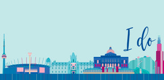 Skyline illustration of different world landmarks and wedding venues with the text I do.
