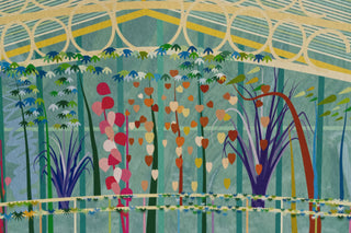 Close-up of the illustration showing elements of the glasshouse ceiling and back wall covered in plants.