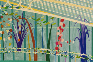 Detail of illustrated greenery in the glasshouse print with geometric shapes in purples, reds, browns and greens.