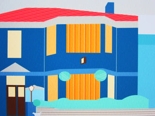Striped detailing in the windows and plants in South Island Art's art print of Balham Bowls Club.