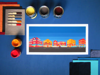 Moodboard for colour palette used in Balham pubs illustrations, with red, orange and yellow paints and blue fabric swatches.