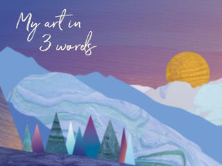Mountain, forest and moon illustration by South Island Art with text my art in 3 words.