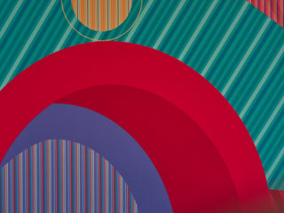 Detail of abstract illustration of Alexandra Palace with red, green and purple arch shapes overlapping.