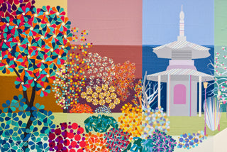 Focus on autumn panel in Battersea Park print with shrubbery and peace pagoda.