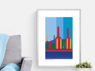 Colourful Battersea Power Station art print framed in pale grey.