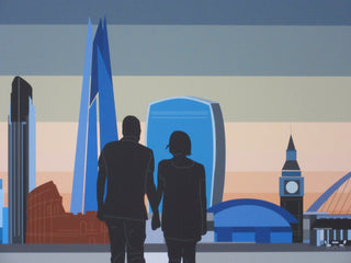 Detail from bespoke art print with a silhouette of a couple holding hands, in front of a skyline of landmarks.