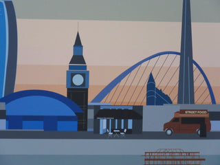 Section from Story of Us art print with street food truck, a bar, Big Ben and an arch.