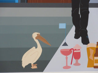 Detail of Story of Us print with pelican and pink cocktails.