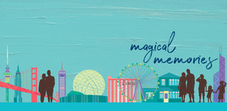 Illustrated banner of a skyline with global landmarks and silhouettes with text that reads magical memories.