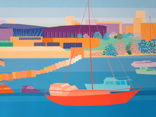 Illustrated detail of orange, blue and purple boats in Penarth Marina.