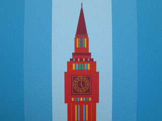 Close up of the top of Big Ben in a blue and red illustrated print.