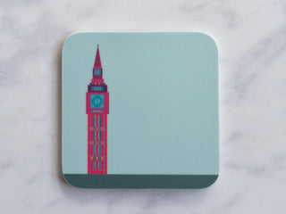 Coaster illustrated with Big Ben in bright pink and pale blue.