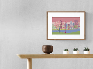 Boston skyline art print by South Island Art, hanging in a modern dining room. 