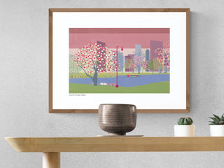 Close view of Boston Public Garden art print by South Island Art, in a thin wooden frame.