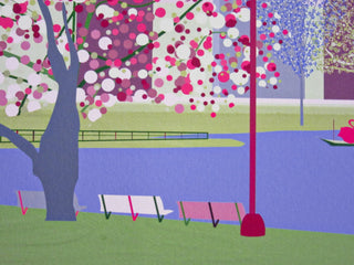 Detail of tree, benches and lake in the art print.