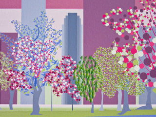 Deatil of the shapes and colours used to illustrate the trees in Boston Public Garden art print by South Island Art.
