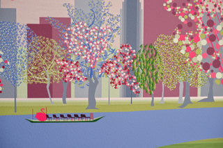 Detail of trees and swan boat on the lake in Boston Public Garden art print by South Island Art.