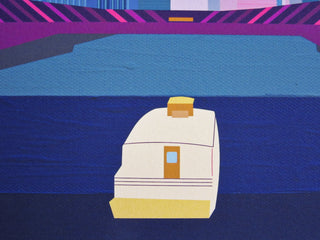 Detail of illustrated yellow boat in the Chicago river art print by South Island Art.