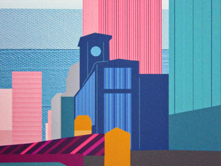 Detail showing the stripes used to highlight architectural features in the Chicago skyline art print by South Island Art.