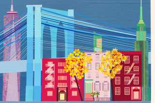 Close up of New York print with One World, Brooklyn Bridge and brownstones.