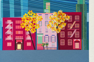 Close up of New York illustration showing Brownstones with trees.