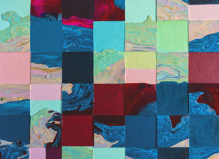 Pink, pale green, deep blue and red painted squares from Lost in Time painting by South Island Art.