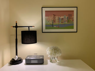 Boston Public Garden art print framed in black, hanging above a table with flowers and lamp.