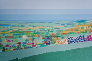 Detail of bespoke Reigate Hill art print with woodland, fields, hills and houses.