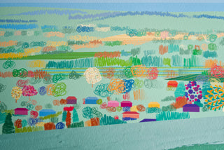 Zoomed out detail of Reigate Hill bespoke art print for a broader view of the illustration with sky, hills, woodland and homes.