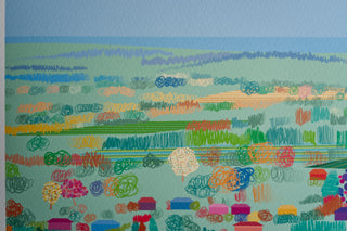 Detail of Reigate Hill illustrated art print with trees, fields and houses.