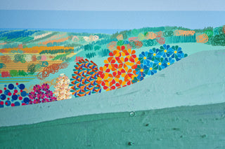 Detail of Reigate Hill illustrated art print with colourful shapes to form landscape elements.