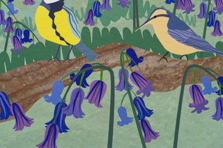 Close-up of nuthatch, log and bluebell illustrations within the art print.