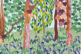 Deatil showing painted textures used as tree trunks in woodland scene illustration.