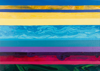 Original painting consisting of a mix of solid and fluid painted stripes in tones of blue, yellow, pink, purple and green.