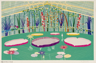 Art print by South Island Art of a water lily pond with lily pads and flowers, surrounded by plants along the walls of the glasshouse.